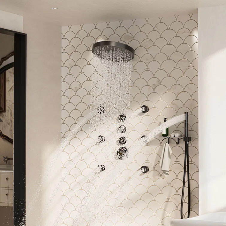 CASAINC KCHS0005-12MB Rainfall Thermostatic Shower System with Body Jets, 2-Sprays Shower Head and a Shelf