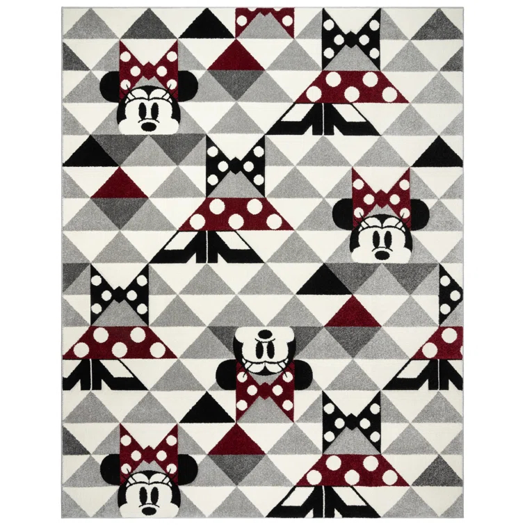 Disney Bravo Mickey Mouse Minnie Pyramids Modern Geometric Ivory/ Black/ Red Area Rug