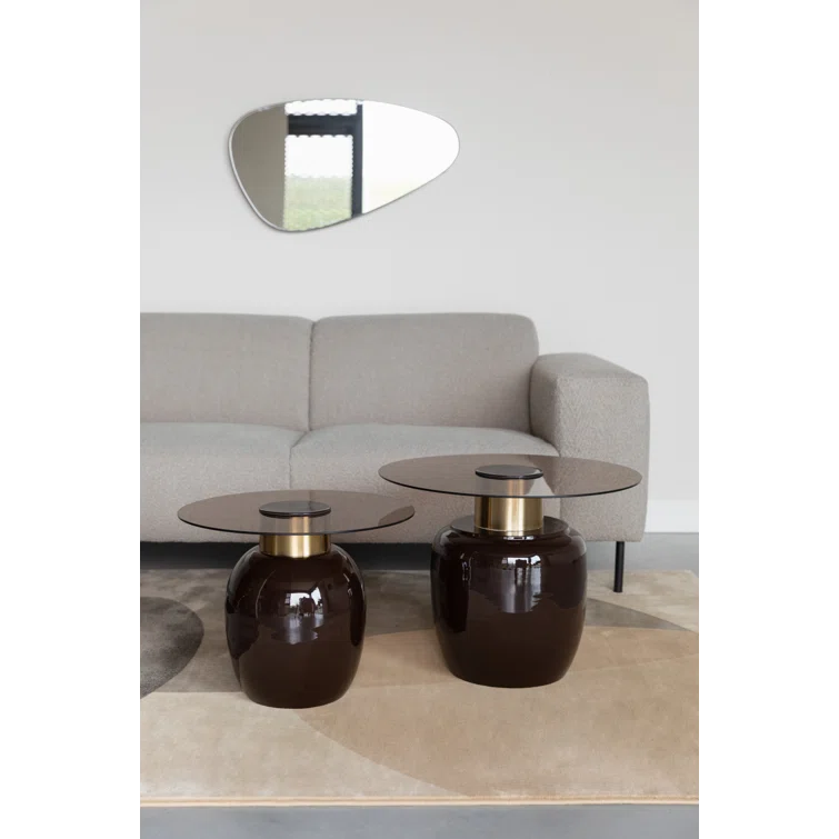 Small Smoked Glass and Gold Cylindrical Side Table