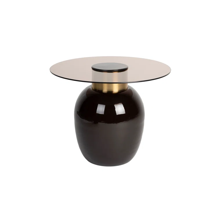 Small Smoked Glass and Gold Cylindrical Side Table
