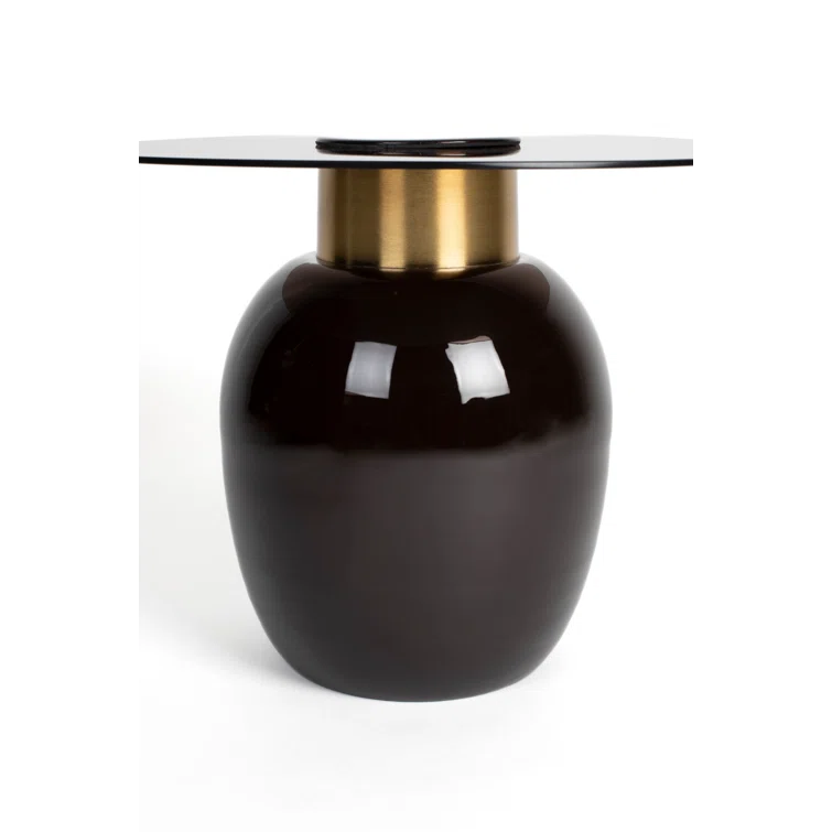Small Smoked Glass and Gold Cylindrical Side Table