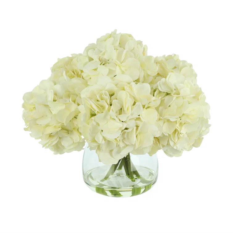 White Polysilk Hydrangea Bouquet in Glass Vase
