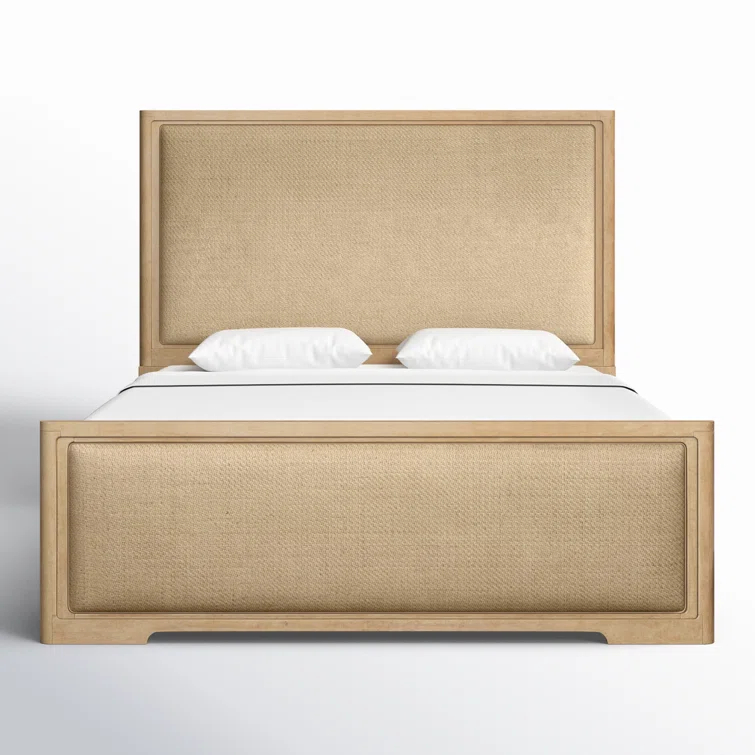 Beige Wood California King Upholstered Panel Bed with Headboard