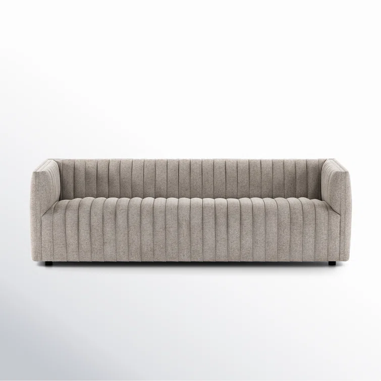 Taupe Channel Tufted Fabric Sofa with Track Arms