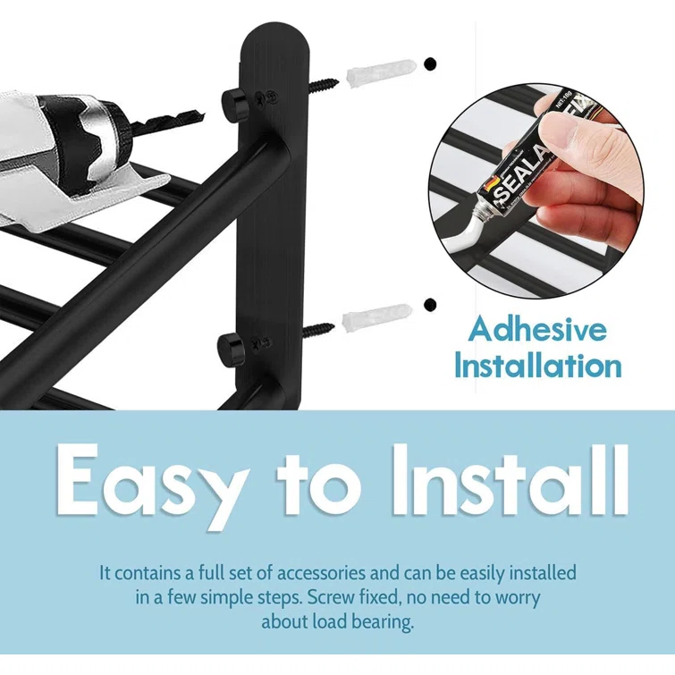 Matte Black 2-Tier Towel Rack | 24'' Wall-Mounted Bathroom Towel Shelf With Bar & 5 Hooks | Rust-Proof Stainless Steel Towel Hanger & Organizer | Space-Saving Storage