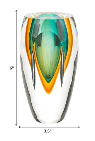 6" Mouth Blown Amber and Green Art Glass Vase
