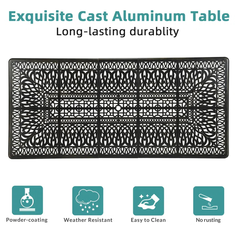 Wildon Home® 9-Piece Outdoor Patio Dining Set For 8, All Weather Cast Aluminum Patio Funiture Table And Chairs Set- 94.5" Rectangular Table And 8 Cushioned Chairs For Garden, 2" Umbrella Hole