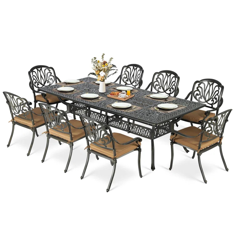 9-Piece Outdoor Patio Dining Set For 8, All Weather Cast Aluminum Patio Funiture Table And Chairs Set- 94.5" Rectangular Table And 8 Chairs For Garden, 2" Umbrella Hole