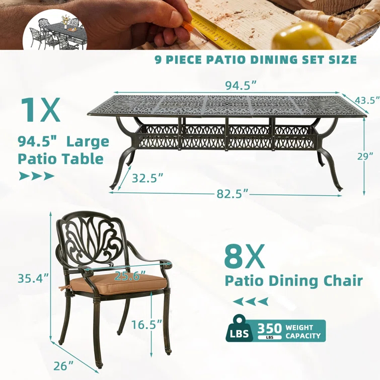 9-Piece Outdoor Patio Dining Set For 8, All Weather Cast Aluminum Patio Funiture Table And Chairs Set- 94.5" Rectangular Table And 8 Chairs For Garden, 2" Umbrella Hole