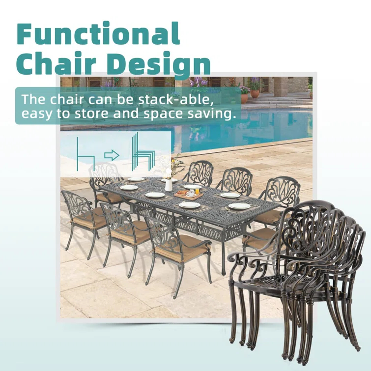 9-Piece Outdoor Patio Dining Set For 8, All Weather Cast Aluminum Patio Funiture Table And Chairs Set- 94.5" Rectangular Table And 8 Chairs For Garden, 2" Umbrella Hole