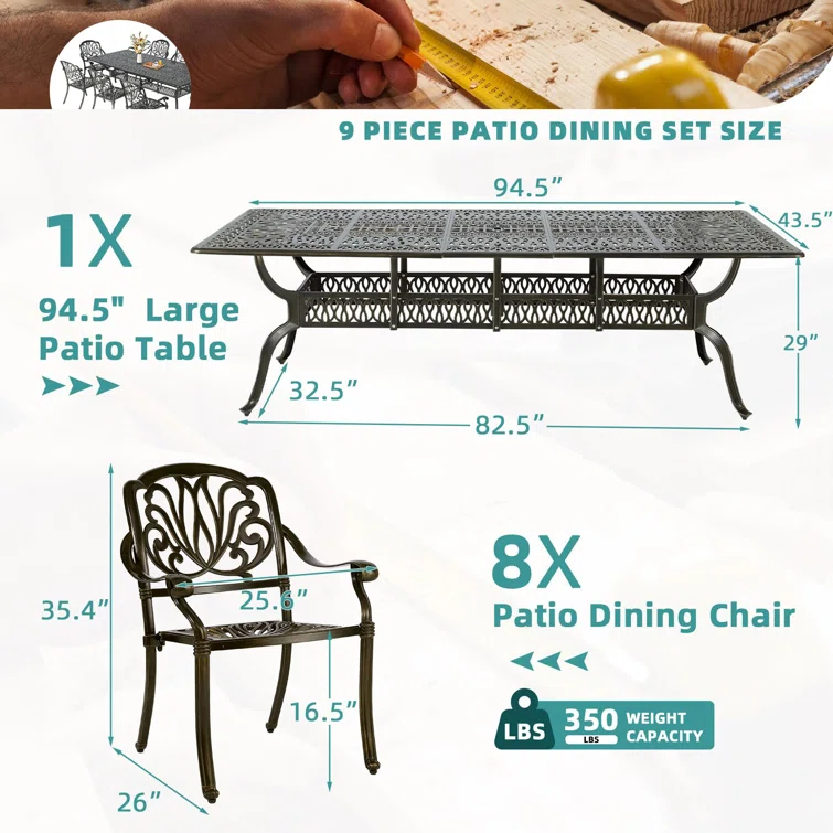 9-Piece Outdoor Patio Dining Set For 8, All Weather Cast Aluminum Patio Funiture Table And Chairs Set- 94.5" Rectangular Table And 8 Chairs For Garden, 2" Umbrella Hole