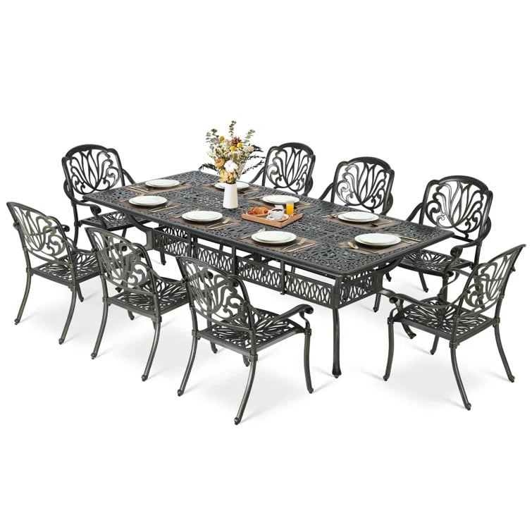 9-Piece Outdoor Patio Dining Set For 8, All Weather Cast Aluminum Patio Funiture Table And Chairs Set- 94.5" Rectangular Table And 8 Chairs For Garden, 2" Umbrella Hole