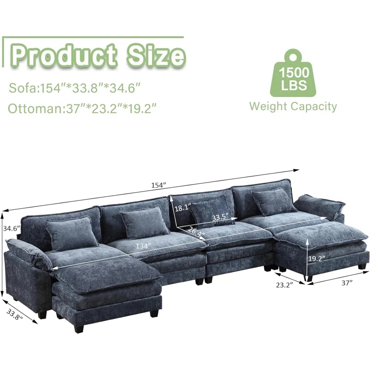 Carbaugh 154" Oversized U Shaped Sectional Sofa, Comfy Cloud Couch Deep Sectional Sofa with Ottomans for Living Room