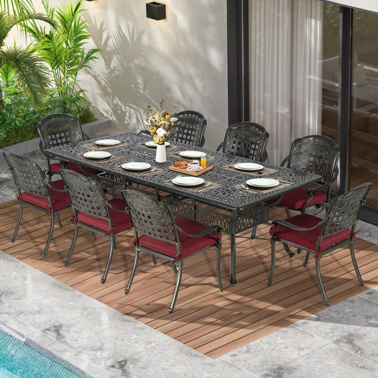 Wildon Home® 9-Piece Outdoor Patio Dining Set For 8, All Weather Cast Aluminum Patio Funiture Table And Chairs Set- 94.5" Rectangular Table And 8 Cushioned Chairs For Garden, 2" Umbrella Hole