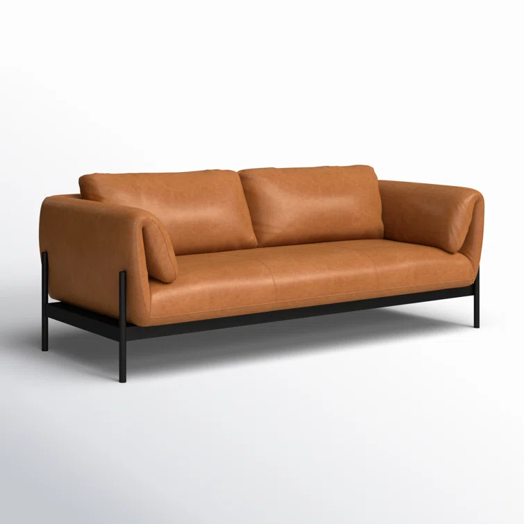 Contemporary Heritage Camel 88.5" Leather Sofa with Matte Iron Base
