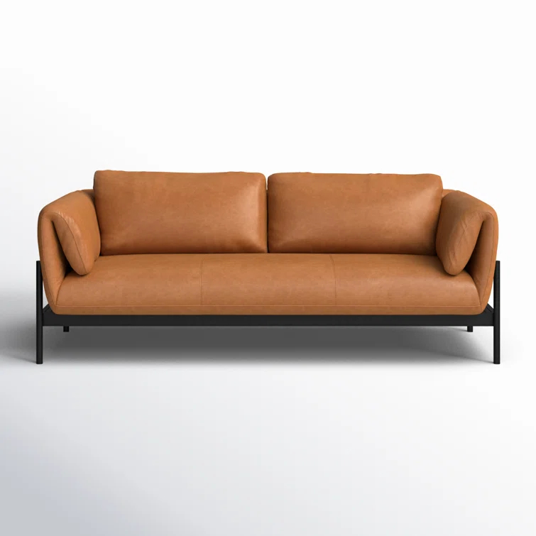 Contemporary Heritage Camel 88.5" Leather Sofa with Matte Iron Base