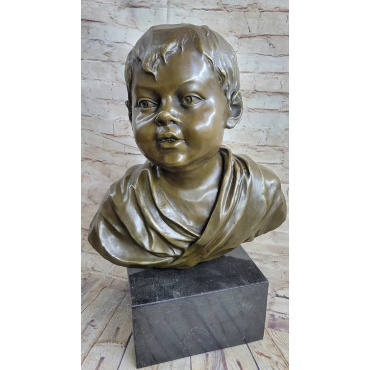 Red Barrel Studio® Bronze Metal Bust Statue Sculpture Of Young Boy Child On Marble Base Signed Original Art