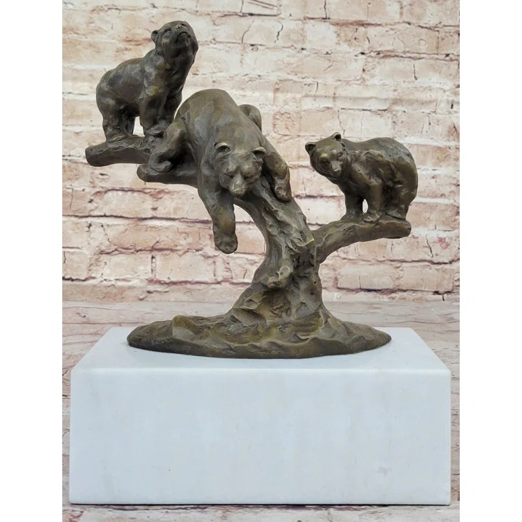 Loon Peak® Jordany Green Patina Bear Family On A Tree Stump Bronze Sculpture Statue Figurine