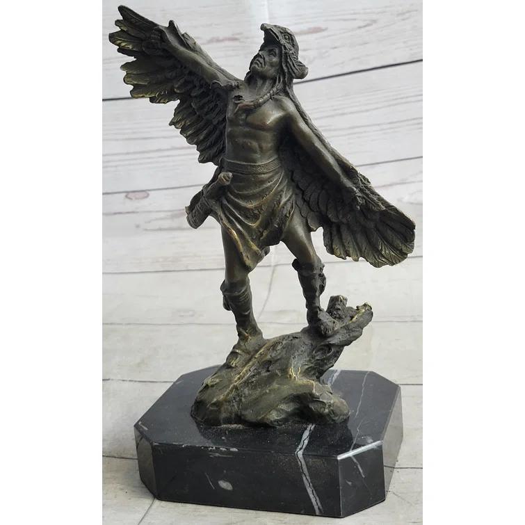 Wildon Home® Native American Indian Eagle Dancer Shaman Medicine Man Bronze Sculpture Statue Marble Base