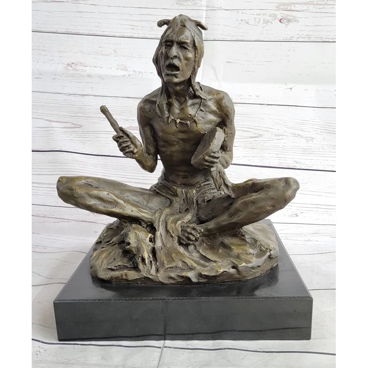 Foundry Select Trevour Native American Indian Shaman Medicine Man Playing Tom Tom - Bronze Sculpture Original Art