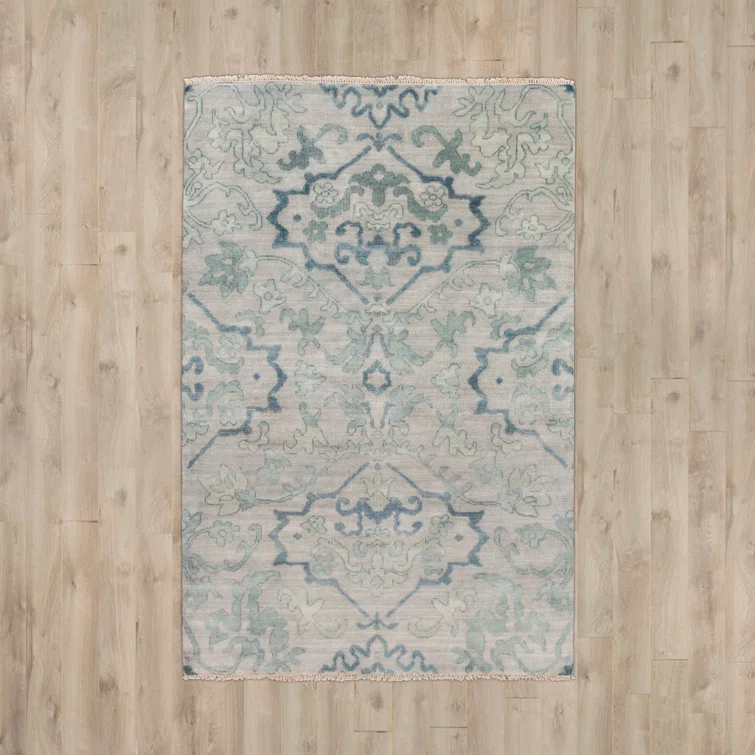 Blue Wool Hand-Knotted Floral 6' x 9' Area Rug