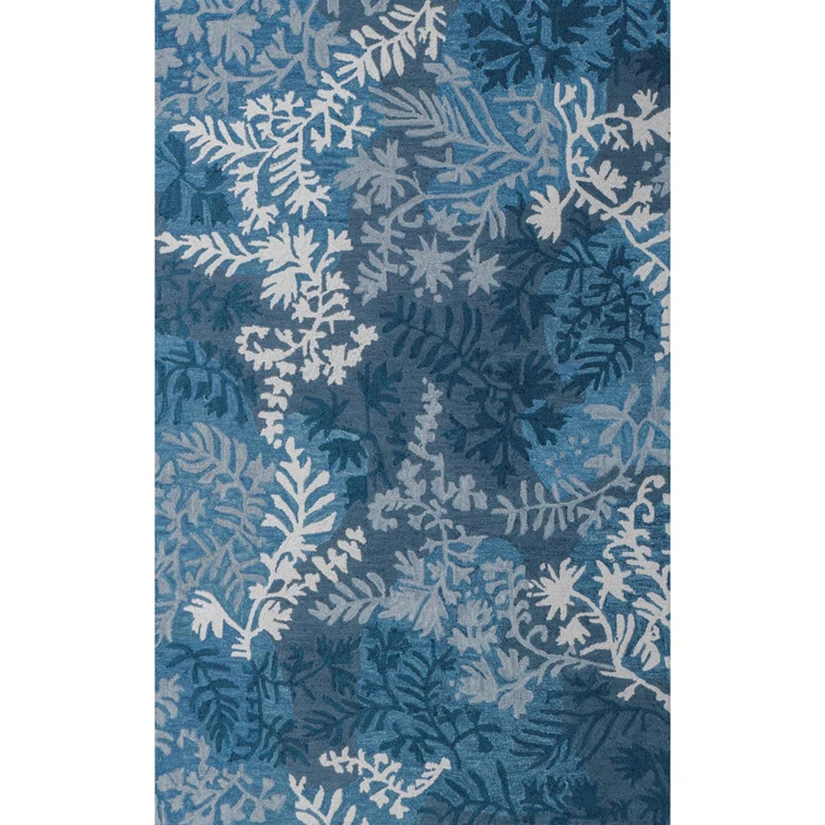 Florals Garden Damask Hand-Tufted Wool Floral Blue/White Area Rug