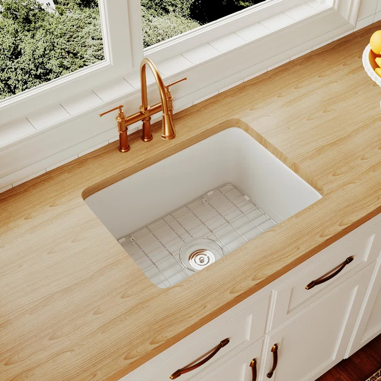 24" L x 19" W Rectangular White Fireclay Undermount Kitchen Sink with Basket Strainer and Sink Grid