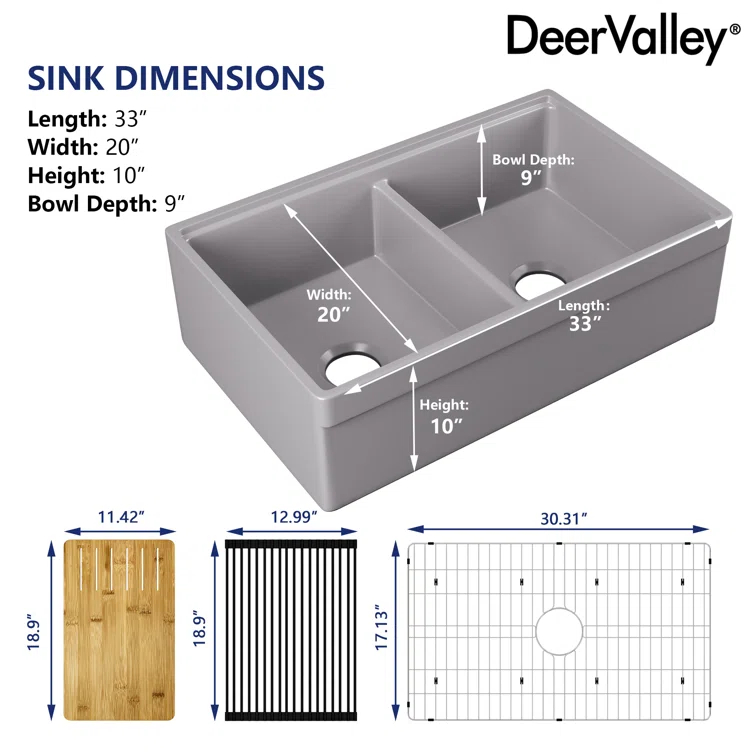33" L X 20" W White Fireclay Double Bowl Workstation Farmhouse Kitchen Sink with Cutting Board And Dish-Drying Rack