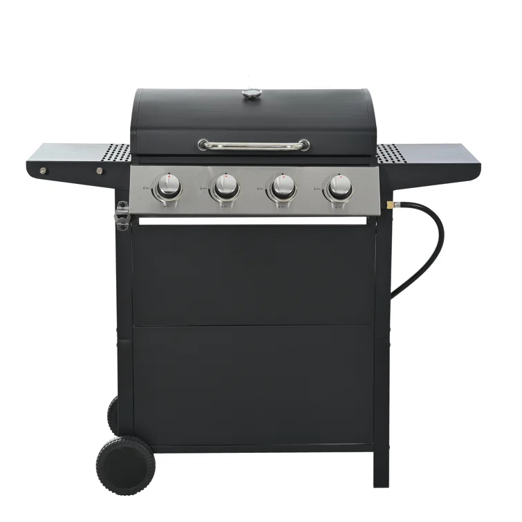 Propane Gas Grill 4 Burner Barbecue Grill, Stainless Steel 34,000 BTU Patio Garden Barbecue Grill With Two Shelves, Lid, Wheels And Bottle Opener