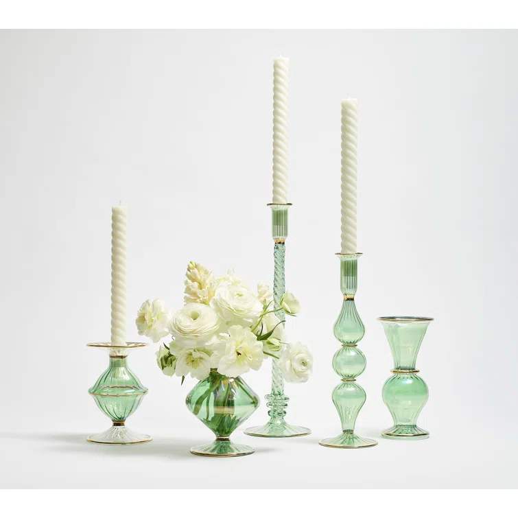 Handmade Green Glass Bud Vase with Gold Accents