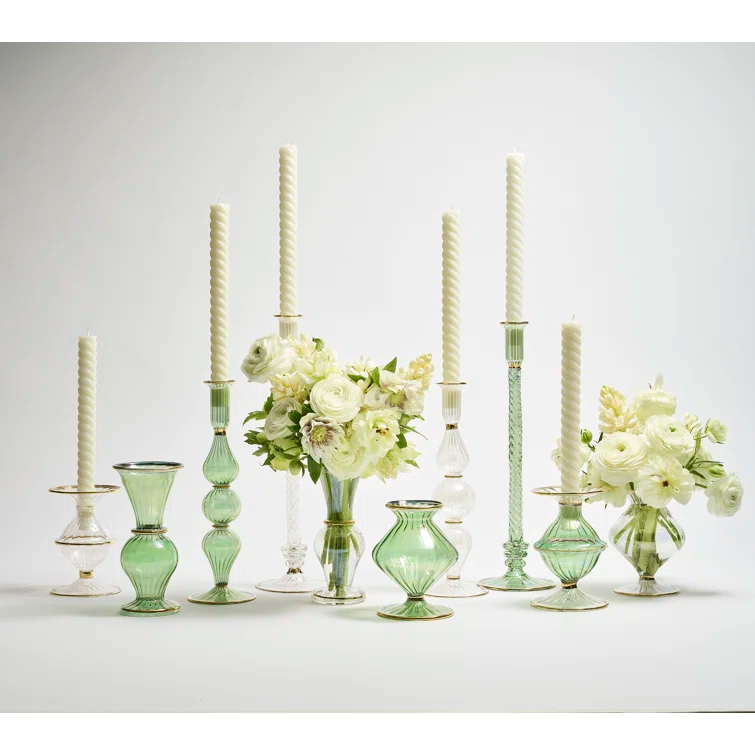 Handmade Green Glass Bud Vase with Gold Accents