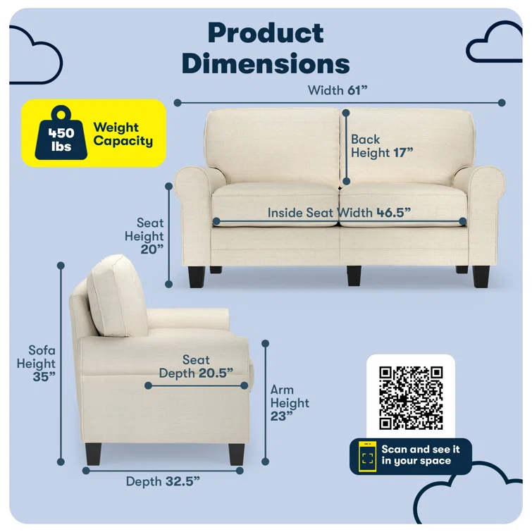 Serta Copenhagen 61" Rolled Arm Sofa, Easy Care Fabric, Soft Pillow Back, Pocket Coil Seat Cushions