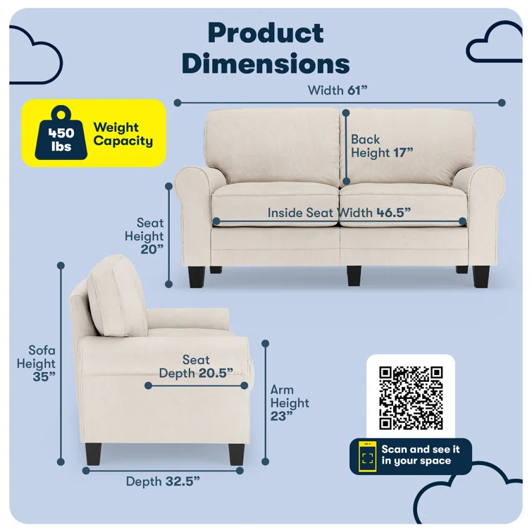 Serta Copenhagen 61" Rolled Arm Sofa, Easy Care Fabric, Soft Pillow Back, Pocket Coil Seat Cushions