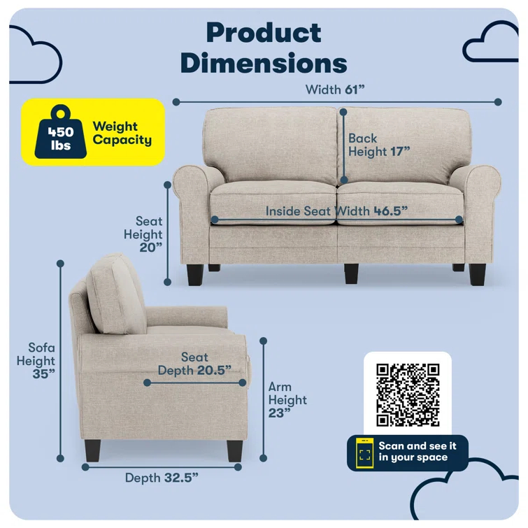Serta Copenhagen 61" Rolled Arm Sofa, Easy Care Fabric, Soft Pillow Back, Pocket Coil Seat Cushions