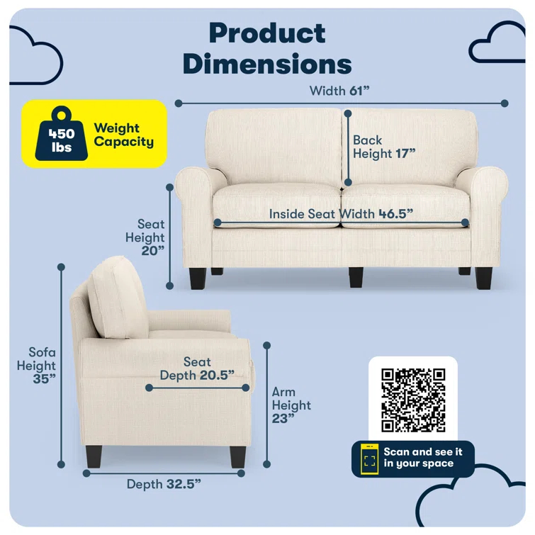 Serta Copenhagen 61" Rolled Arm Sofa, Easy Care Fabric, Soft Pillow Back, Pocket Coil Seat Cushions