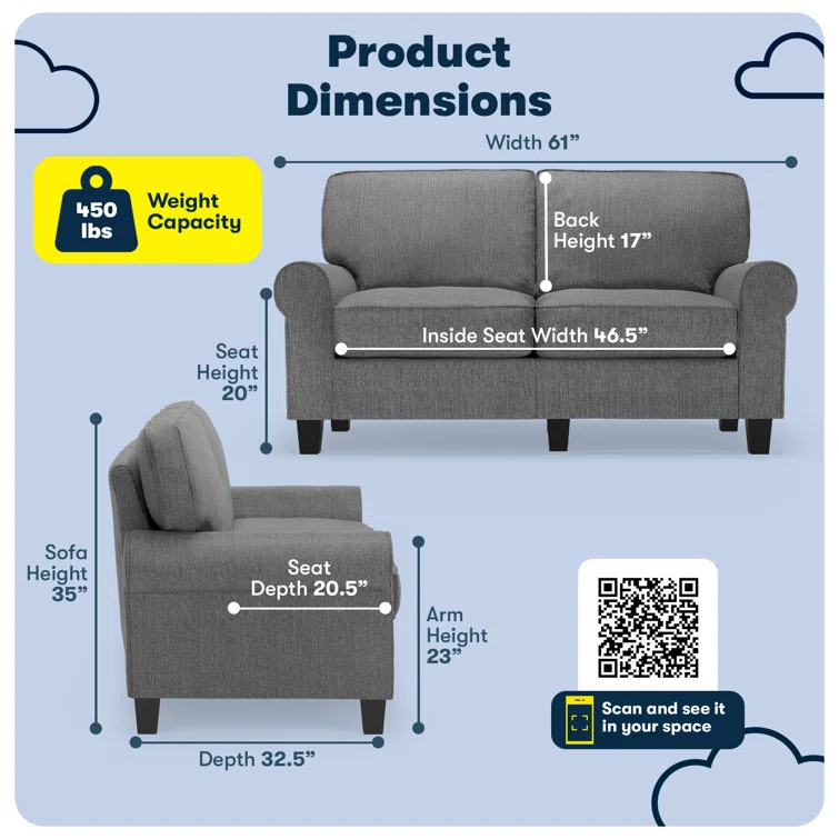 Serta Copenhagen 61" Rolled Arm Sofa, Easy Care Fabric, Soft Pillow Back, Pocket Coil Seat Cushions