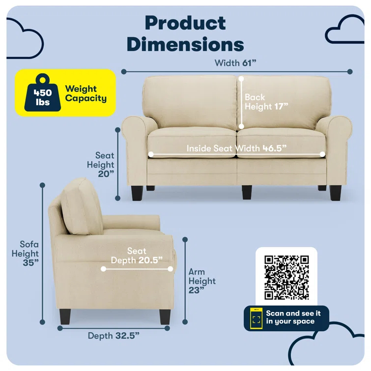 Serta Copenhagen 61" Rolled Arm Sofa, Easy Care Fabric, Soft Pillow Back, Pocket Coil Seat Cushions