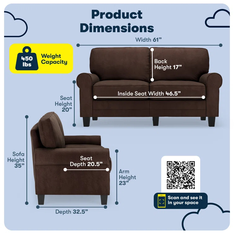 Serta Copenhagen 61" Rolled Arm Sofa, Easy Care Fabric, Soft Pillow Back, Pocket Coil Seat Cushions
