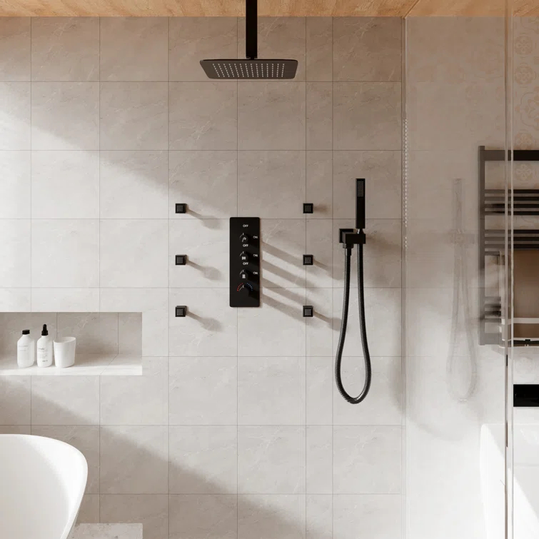 3-Function LED Light Thermostatic Rainfall Shower System with 6 Body Jets and Rough-in Valve