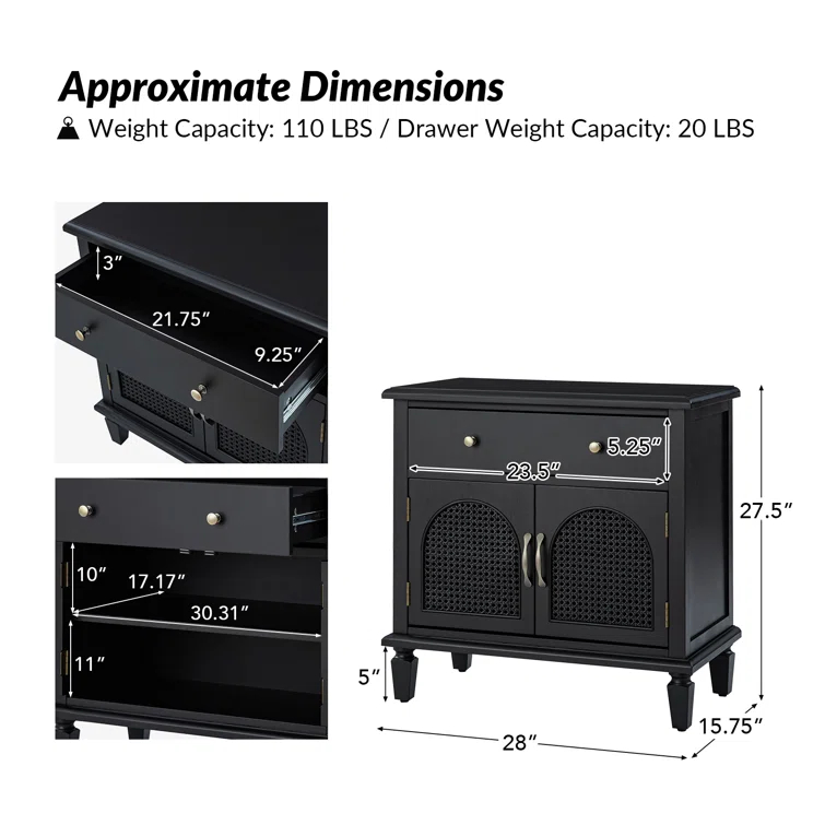 Dyals Traditional 27"Tall Nightstand Design Rattan Cabinet Doors with Built-in Power Outlet and Adjustable Shelf