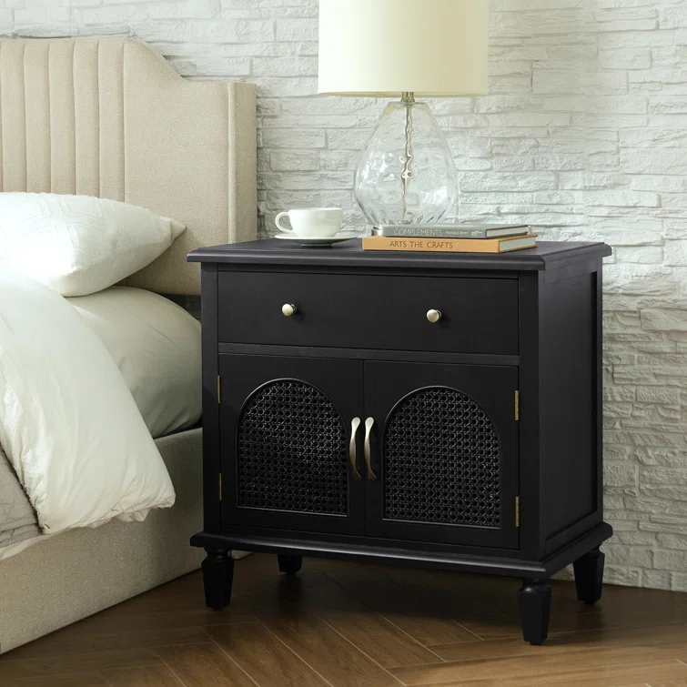 Dyals Traditional 27"Tall Nightstand Design Rattan Cabinet Doors with Built-in Power Outlet and Adjustable Shelf
