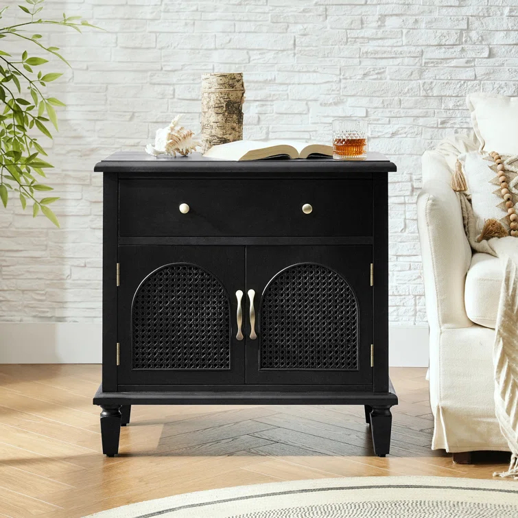 Dyals Traditional 27"Tall Nightstand Design Rattan Cabinet Doors with Built-in Power Outlet and Adjustable Shelf