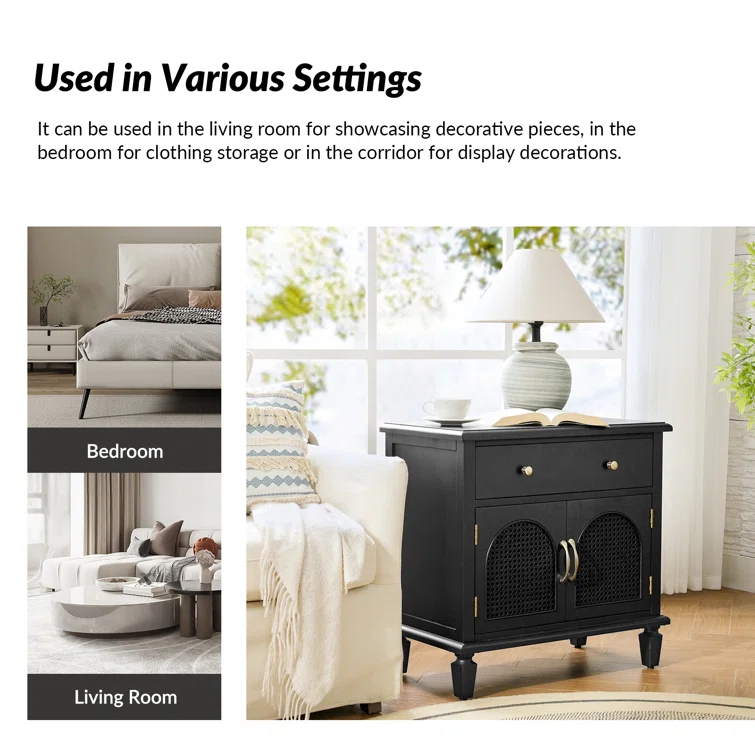 Dyals Traditional 27"Tall Nightstand Design Rattan Cabinet Doors with Built-in Power Outlet and Adjustable Shelf
