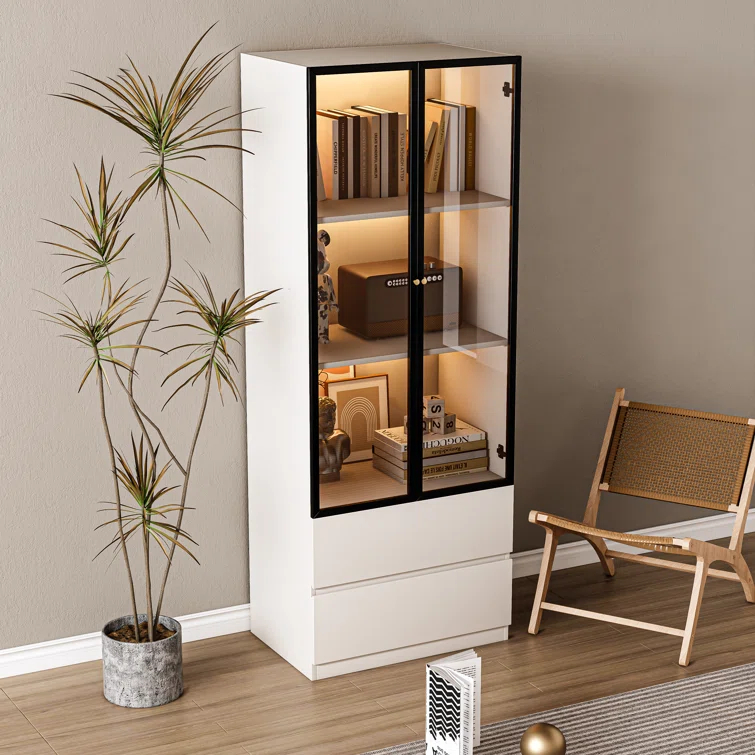 23.6'' China Cabinet Lighted Dining Cabinet Display Cabinet With Glass Doors and Drawers and Wireless LED Light