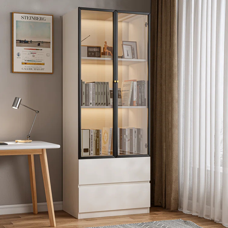 23.6'' China Cabinet Lighted Dining Cabinet Display Cabinet With Glass Doors and Drawers and Wireless LED Light