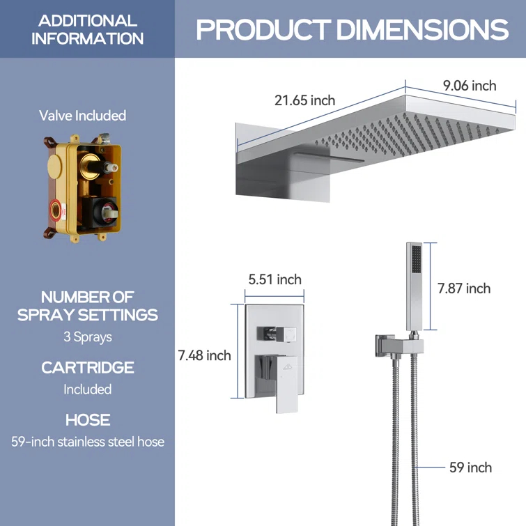 Rainier 22" Rainfall Complete Shower System with with Rainfall & Waterfall Spray, Handheld and Rough-in Valve Included