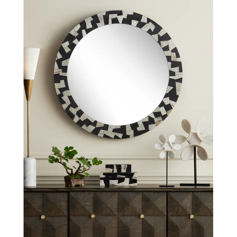 36" Round Black and Gold Composite Bathroom Mirror