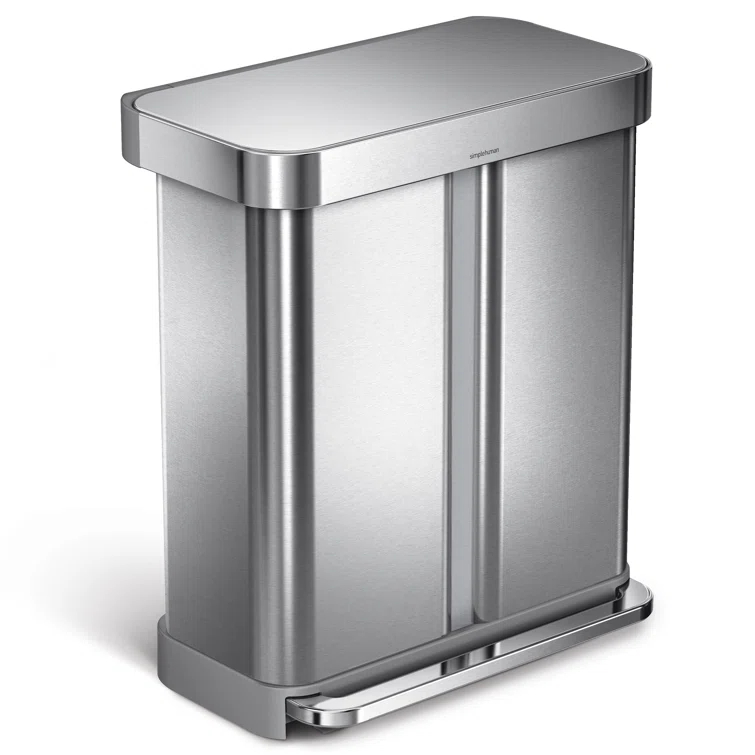 Simplehuman 58L / 15.3 Gallon Hands-Free Dual Compartment Recycling Kitchen Step Trash Can with Lid