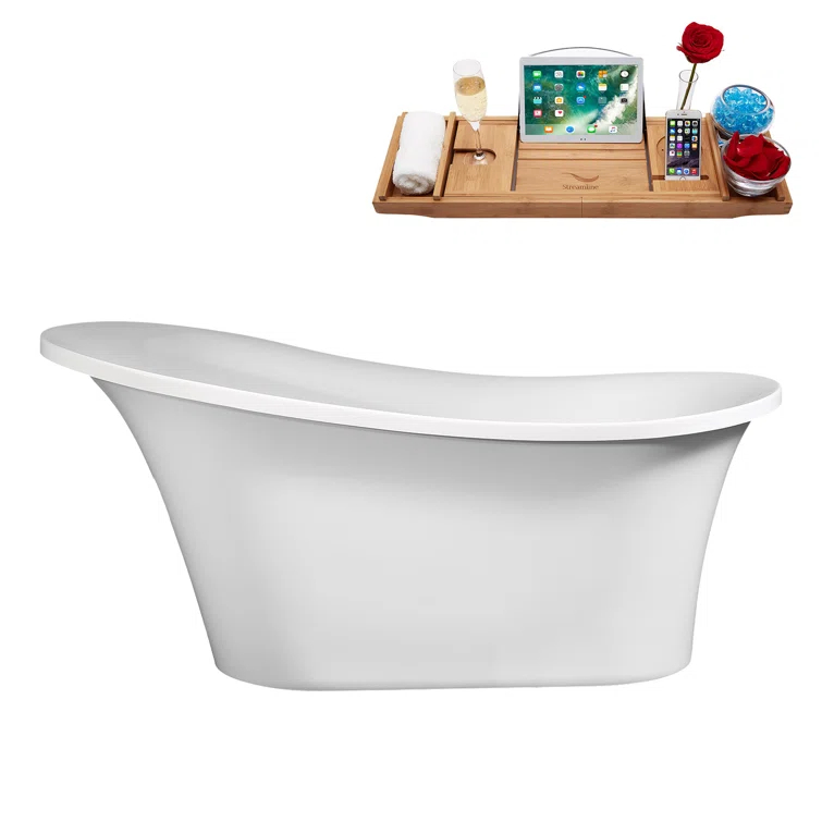 60" Streamline Soaking Freestanding Tub and Tray With Internal Drain