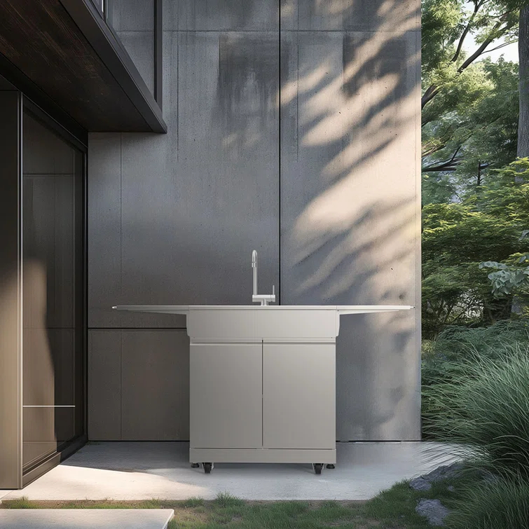 Transolid Outdoor Kitchen 24-in x 51-in Single Sink Cabinet, Folding Shelves, Stainless
